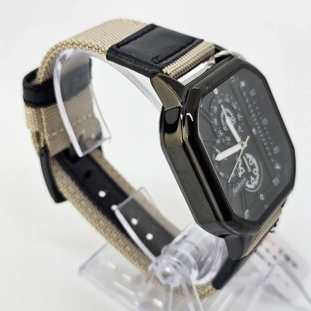 Men's Watch 42MM Black Case Black Dial Date‎ Black Tan Canvas Band Straps